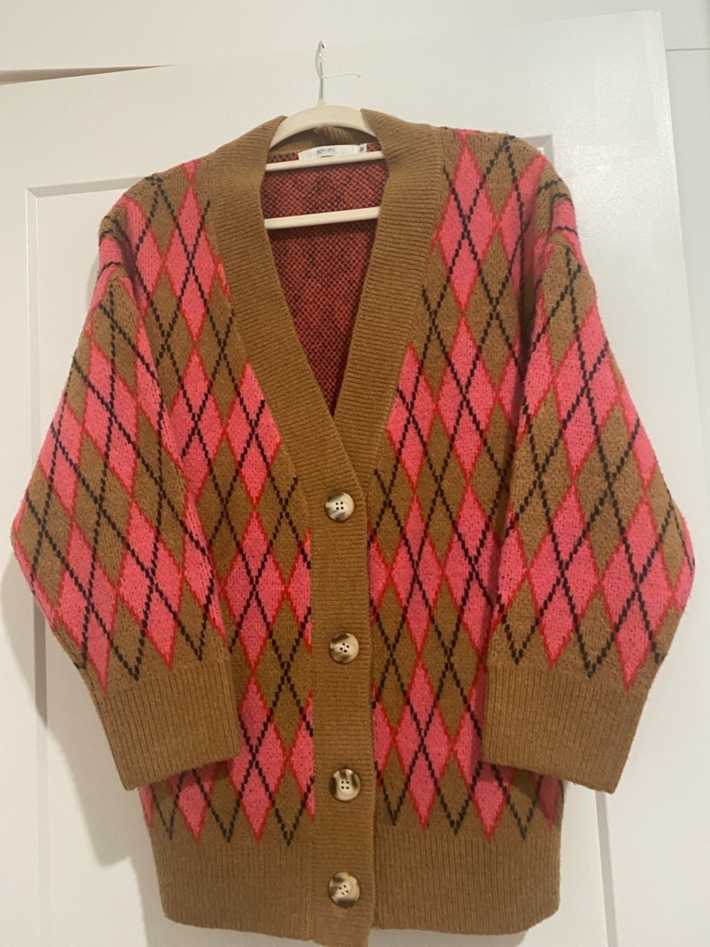Brown and Pink Argyle Button-Up Cardigan